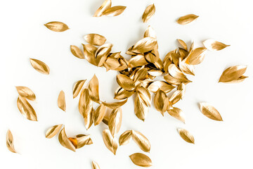 Pattern, texture with gold leaves isolated on white background. flat lay, top view