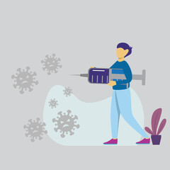 modern flat people character. illustration of a medic fighting a virus with a vaccine inject. people Fight, Defeat, Protect virus concept. corona viruses vaccine concept. ideal for websites, UI.