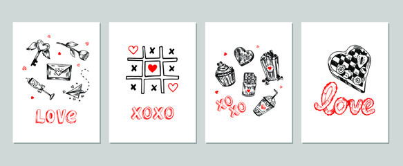 Hand drawn vector collection of red, black, white colored Valentine's day gifting cards. Graphic style sketches with love elements and words. 14 February gifting cards. 