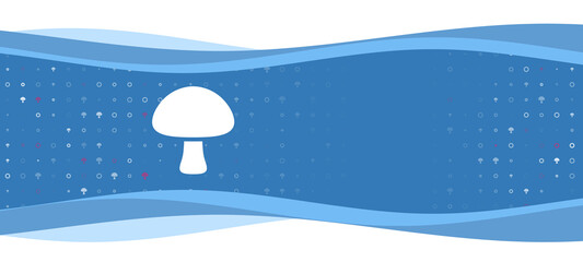Blue wavy banner with a white mushroom symbol on the left. On the background there are small white shapes, some are highlighted in red. There is an empty space for text on the right side