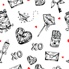 Hand drawn graphic vector valentine's day seamless pattern. Love sketch elements isolated on white. 14 february elements pattern. Love doodle background.