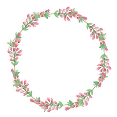 Watercolor hand painted nature circle border frame with pink heather flowers and green leaves on branch wreath bouquet on the white background for invite and greeting card with space for text