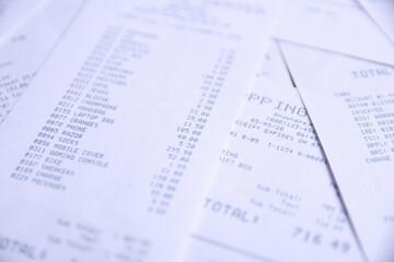 Fototapeta premium Background from checks from purchases from shops. Close up