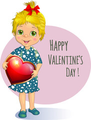 Cute girl holding a big heart Happy Valentine's Day illustration. Adorable kid child in cartoon style isolated clipart Vector illustration. Character for congratulation with wedding, birthday card 