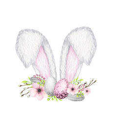 Watercolor Easter Bunny ears with floral crown and eggs isolated illustration on white background. Hand painted cartoon Spring Holidays Rabbit ears