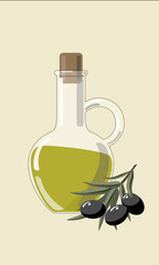 Olive oil in a bottle with olives