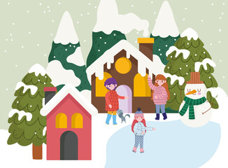 Obraz na płótnie Canvas christmas season people snowman village houses trees snow cartoon, winter time