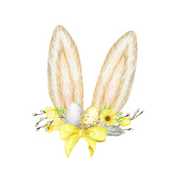 Watercolor Easter Bunny ears with floral crown and eggs isolated illustration on white background. Hand painted cartoon Spring Holidays Rabbit ears