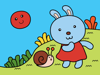 Rabbit and snail in the grassland
