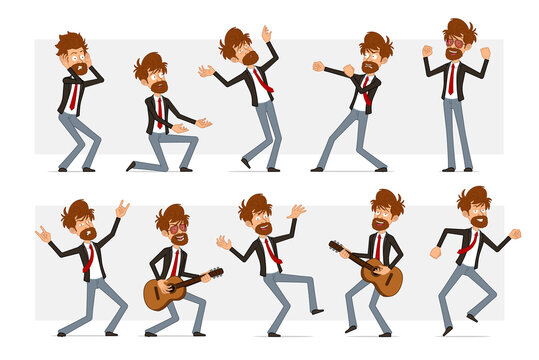 Cartoon flat funny bearded businessman character in black suit and red tie. Boy fighting, falling, dancing and playing on guitar. Ready for animation. Isolated on gray background. Vector set.