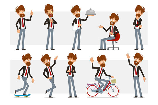 Cartoon flat funny bearded businessman character in black suit and red tie. Boy thinking, posing, riding on skateboard and bicycle. Ready for animation. Isolated on gray background. Vector set.