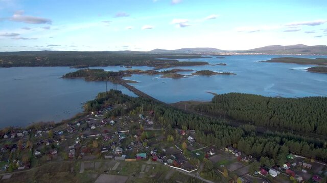 Kola Peninsula. View from a height to the central part of the city of Kandalaksha. Shooting from a quadcopter.