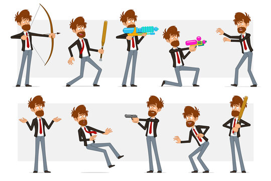 Cartoon flat funny bearded businessman character in black suit and red tie. Boy holding baseball bat, pistol, shooting from water gun. Ready for animation. Isolated on gray background. Vector set.