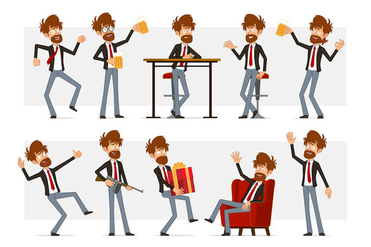 Cartoon flat bearded businessman character in black suit and red tie. Boy carrying new year gift, holding beer and showing okay sign. Ready for animation. Isolated on gray background. Vector set.