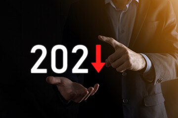 Plan business negative growth in year 2021 concept. Businessman plan and increase of negative indicators in his business, decline down business concepts.