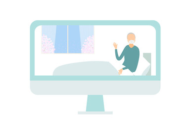 オンライン面会のためにベッドで体を起こす入院患者の男性