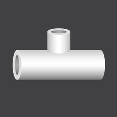 PVC plastic pipe fitting vector icon. 3 way (tee) reducer. Consist of slip socket opening 3 end (solvent weld). Installation part for pipeline, plumbing, drainage, vent, waste, sewage and water supply