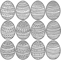 Set of Easter eggs with linear warriors coloring page from holiday attributes