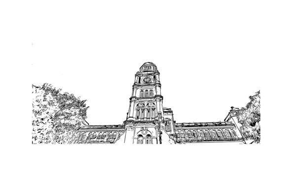 Building view with landmark of 
Dawei is the 
city in Myanmar. Hand drawn sketch illustration in vector.