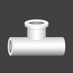PVC plastic pipe fitting vector icon. 3 way (tee) female. Consist of slip socket opening 2 end (solvent weld) and 1 female thread. Part for pipeline, plumbing, drainage, vent, waste, sewage and water 