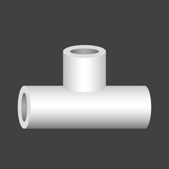 PVC plastic pipe fitting vector icon. 3 way (tee). Consist of slip socket opening 3 end (solvent weld). For connection pipe in pipeline for plumbing, drainage, vent, waste, sewage and water supply.