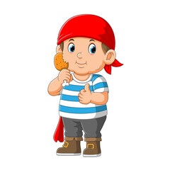 Kid Pirate Cartoon Character holding fried chicken