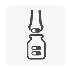 Pharmaceutical and supplement manufacturing industry vector icon. Consist of tweezer filling capsule of drug or medical product in bottle packaging. For healthcare, medical and remedy design element.