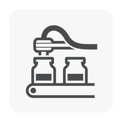 Pharmaceutical, supplement, nutraceutical or cleaning product manufacturing industry vector icon. Consist of robot or automated machine filling liquid in bottle package on conveyor and production line