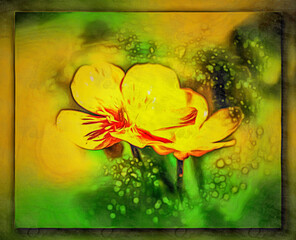 Ranunculus acris. Bokeh, blur. Imitation of a picture. Oil paint. Rendring