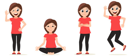 Set of a girl smiling, doing yoga and being offended on a white background. Character