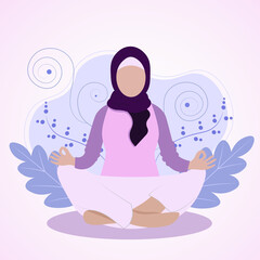 Fototapeta na wymiar emirati arabic young muslim woman in the beautiful purple hijab from united arab emirates faceless model make yoga sport meditation vibes