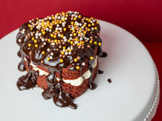delicious chocolate ganache on a heart shaped red velvet cake 