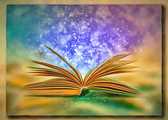 Open book. Bokeh, blur. Imitation of a picture. Oil paint. Rendring