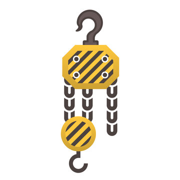 Manual chain hoist or steel chain block hoist vector icon. Lifting equipment include pulley, hook, lever, trolley, mechanical for factory, construction site, garage, workshop, warehouse and dock.