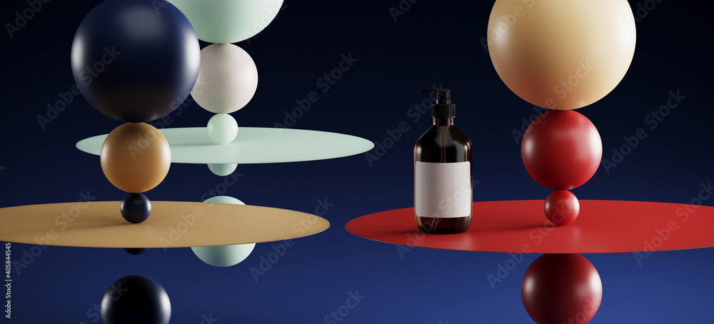 Poster abstract background for minimal presentation. cosmetic bottle, sphere and circular plane on dark blu