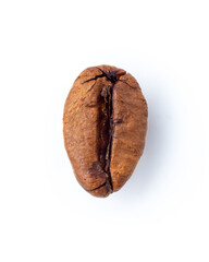 Roasted coffee bean 1:1 macro image  isolated over a white background.