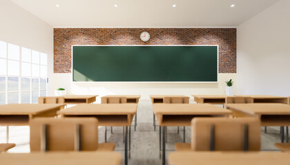 Classroom background. Room interior in school and empty board, blackboard or chalkboard, furniture, desk, table, wood floor. For teacher, student to teach, learn, seminar, meeting, training. 3d render