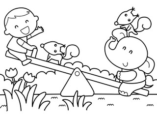 Little boy play with elephant and some squirrel in a park without color for color book