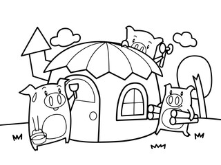Pigs build their house together without color for color book