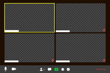Screen video conference. Video call interface. Online meeting template. Screen of four video conference cells on a computer. Vector illustration