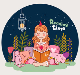 Cute little girl with crown reading a book in the garden