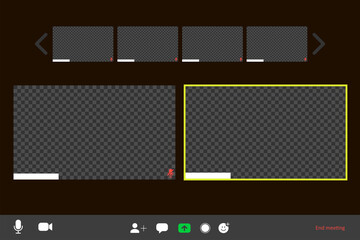 Screen video conference. Video call interface. Online meeting template. Screen of two large and four small video conference cells on a computer, laptop. Vector illustration