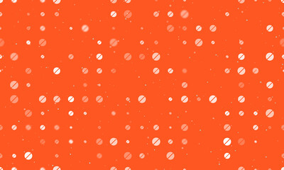 Seamless background pattern of evenly spaced white pill symbols of different sizes and opacity. Vector illustration on deep orange background with stars