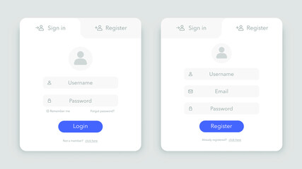 Modern Sign in and Register page design concept. Username, email and password blank frame. Vector illustration.