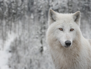 Obraz premium Arctic wolf on the background of a winter snowy forest