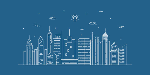 Fototapeta premium City landscape line art vector. Thin line city landscape with building, clouds, sun. Vector illustration.