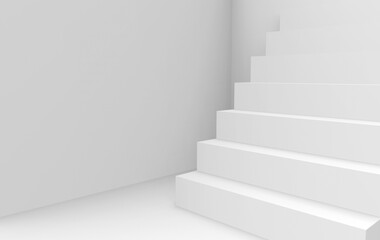 3d rendering. empty white stair on  gray room wall as background.