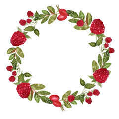 Beautiful round frame wreath of berries, twigs and leaves of raspberries and rose hips. Design elements are painted in watercolor, summer or autumn style, for kitchen decor, menu, labels, cards