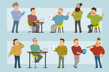 Cartoon flat funny fat smiling man character in jeans and sweater. Boy reading note working on laptop and talking on phone. Ready for animation. Isolated on blue background. Vector set.