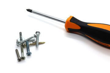 self-tapping screws and plugs for dowel on a white background for design